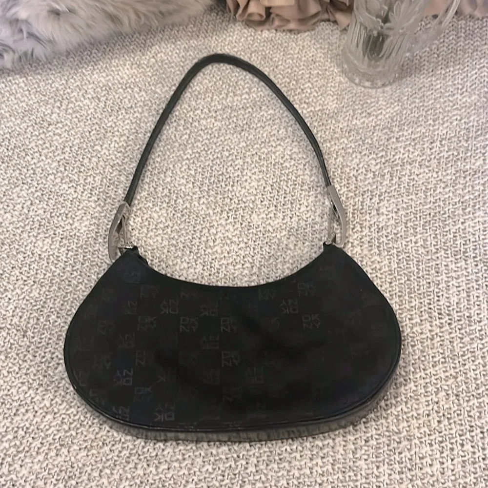 DKNY Womens Black Sleek Classy Luxury Nylon Signature Formal Shoulder Bag Purse